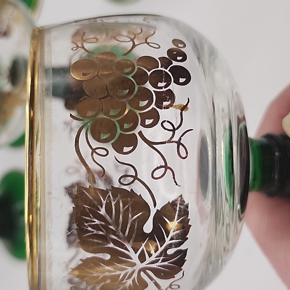 Vintage Bockling Green Stem Glass Goblets w/ Grapes & Leaves in Gold 6 Count - Picture 8 of 12